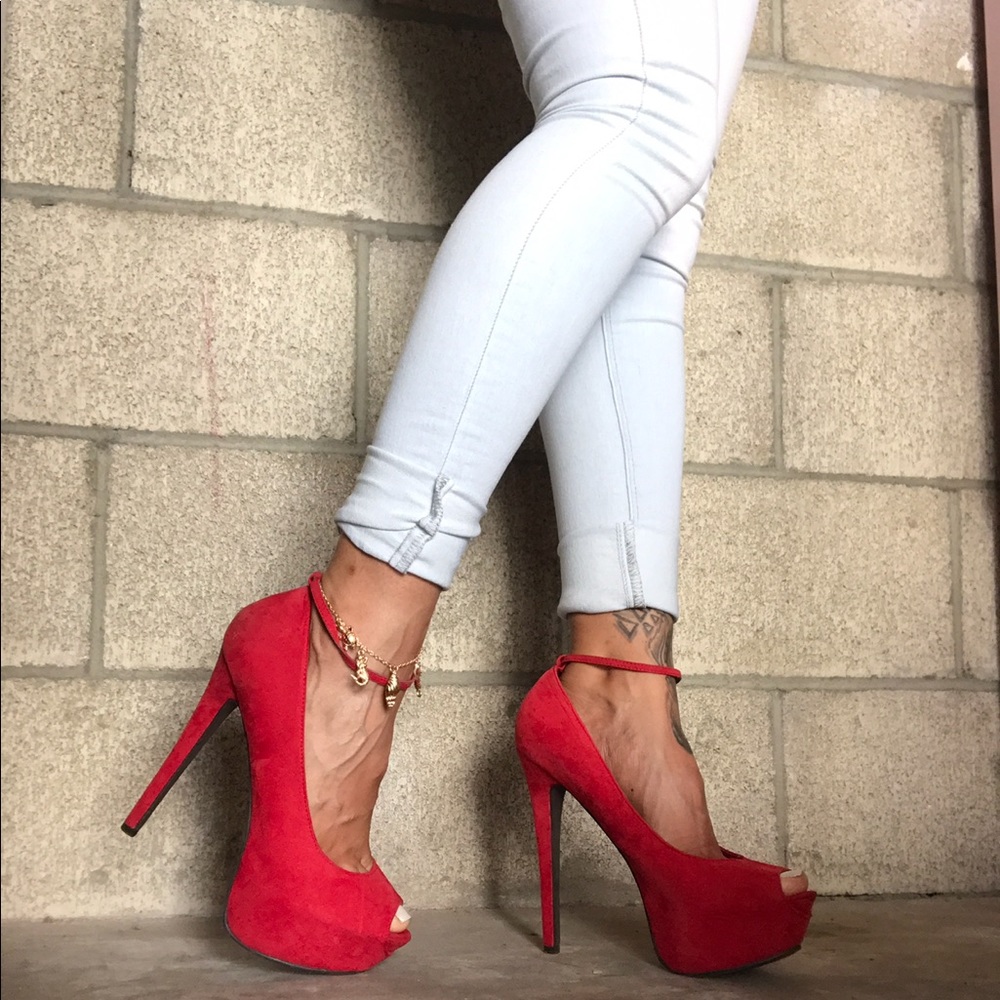Red Suede Peep Toe Platform Heels